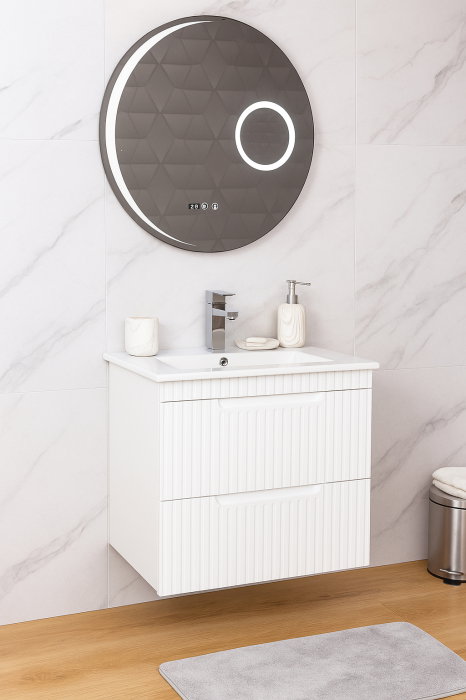 Set Baza front MDF cu Lavoar si Oglinda cu iluminare LED, seria 033, suspendata, cu sertare, montat, 60 cm, alb [1]