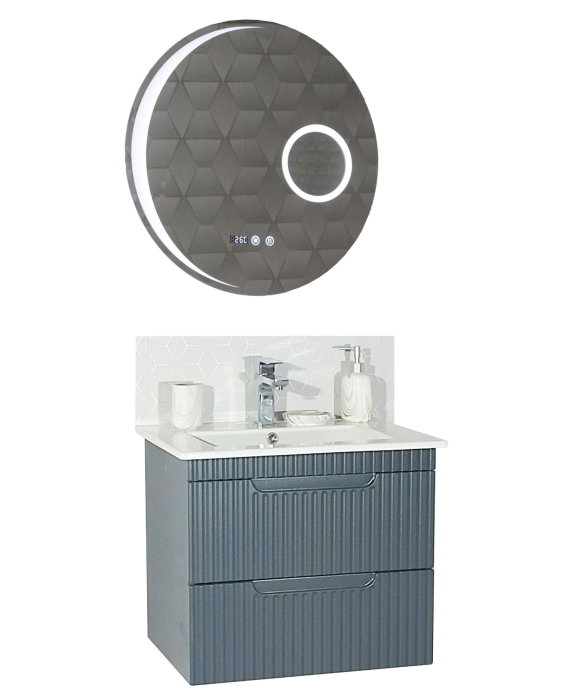 Set Baza front MDF cu Lavoar si Oglinda cu iluminare LED, seria 033, suspendata, cu sertare, montat, 60 cm, antracit [2]