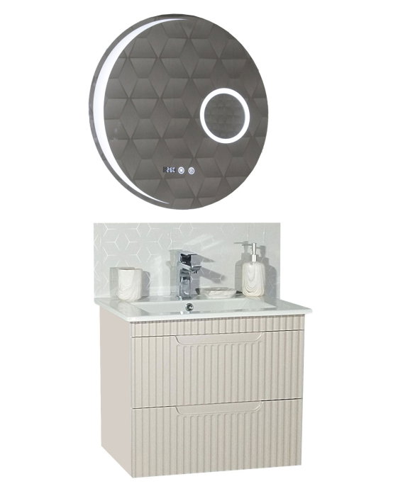 Set Baza front MDF cu Lavoar si Oglinda cu iluminare LED, seria 033, suspendata, cu sertare, montat, 60 cm, crem [2]