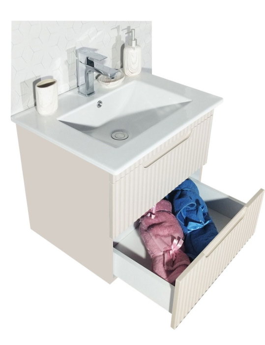 Set Baza front MDF cu Lavoar si Oglinda cu iluminare LED, seria 033, suspendata, cu sertare, montat, 60 cm, crem [4]