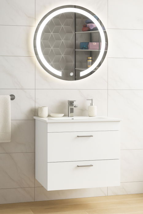 Set Baza cu Lavoar si Oglinda cu iluminare LED, seria 067, suspendata cu sertare, 60 cm, alb