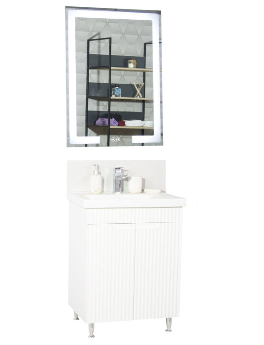 Set Baza front MDF cu Lavoar si Oglinda cu iluminare LED, seria 733, 60 cm, alb [2]