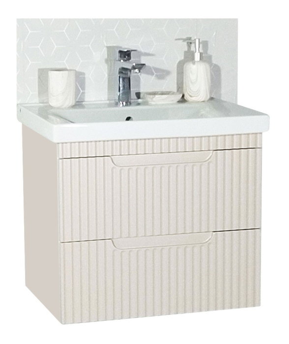 Set Baza front MDF cu Lavoar si Oglinda cu iluminare LED, seria 733, suspendata, cu sertare, montat, 60 cm, crem [3]