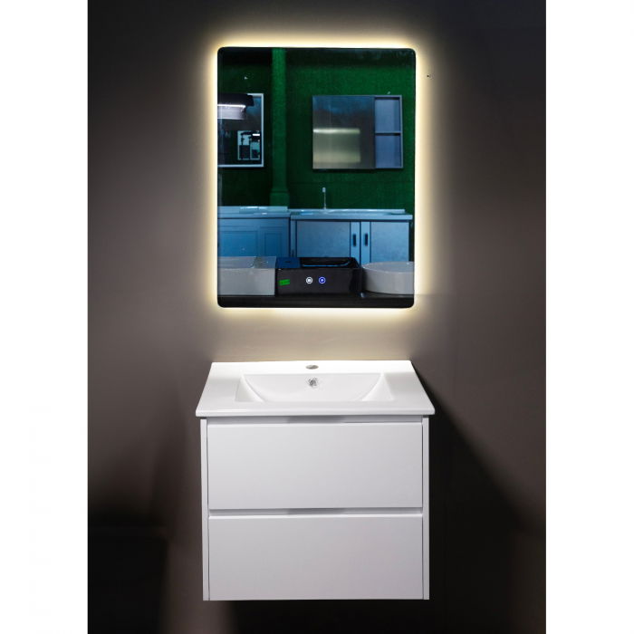 Set mobilier baie PVC alb Andra YJ-60-800 cu lavoar ceramic si oglinda cu LED antiaburire 80 cm