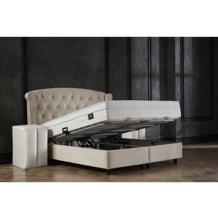 Set Pat tapitat ROSE 160x200 cm, cu saltea, somiera rabatabila si spatiu depozitare, stofa bej + 2 Noptiere BLACKBERRY cu 1 usa, stofa bej [4]