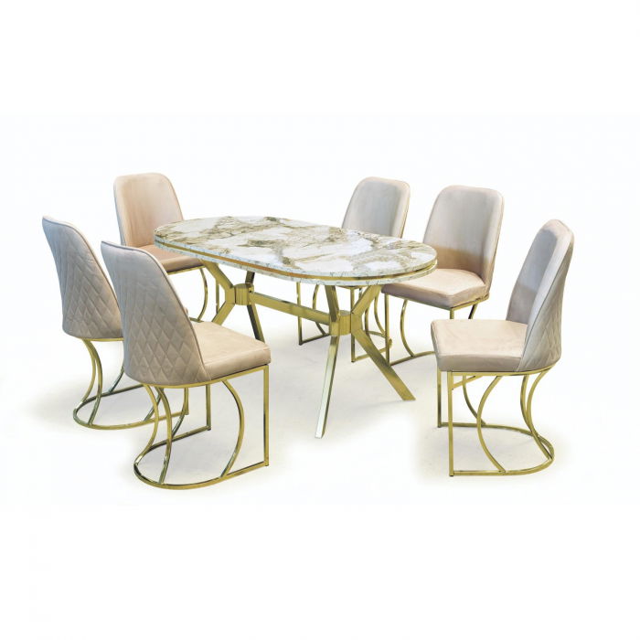 Set TIMARA, masa cu 6 scaune, ovala, 6 persoane, marmura efes + auriu + bej, 160x80 cm