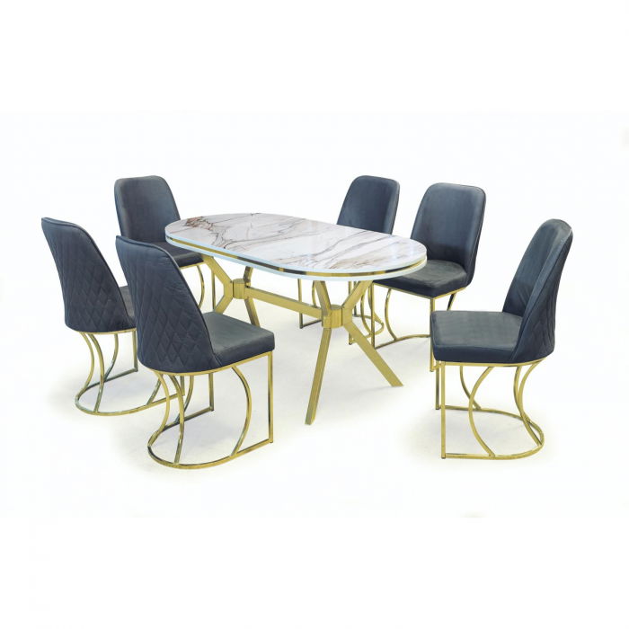 Set TIMARA, masa cu 6 scaune, ovala, 6 persoane, marmura calcutta + auriu + gri, 160x80 cm