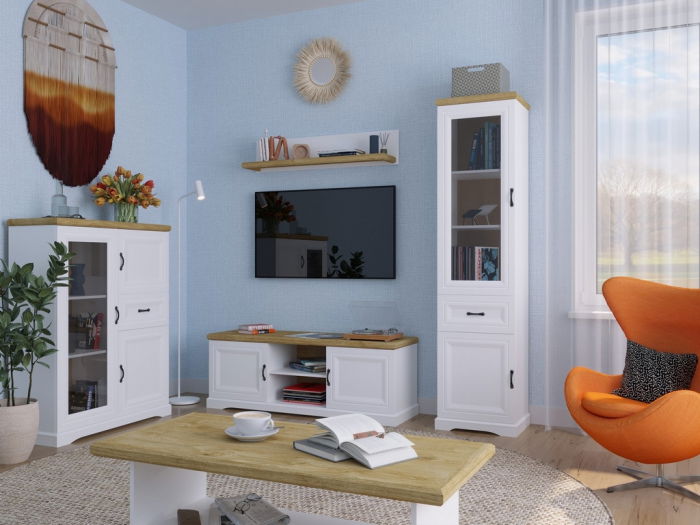 Vitrina joasa RIVA, 3 usi, 1 sertar, geam, alb + stejar harbor, 102,7x41x133,6 cm [2]