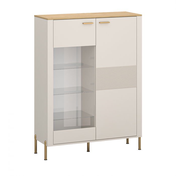 Vitrina joasa RUBEN, 2 usi, geam, casmir + stejar piatra, 116,4x42,2x153 cm