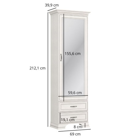 Biblioteca cu oglinda TIFFANY II, 1 usa, 2 sertare, crem fineline, 69x39,9x212,1 cm [5]