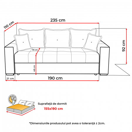 Canapea extensibila ARISSA, 3 locuri, cu arcuri, diverse culori, 235x110x77 cm - ExpoMob [3]