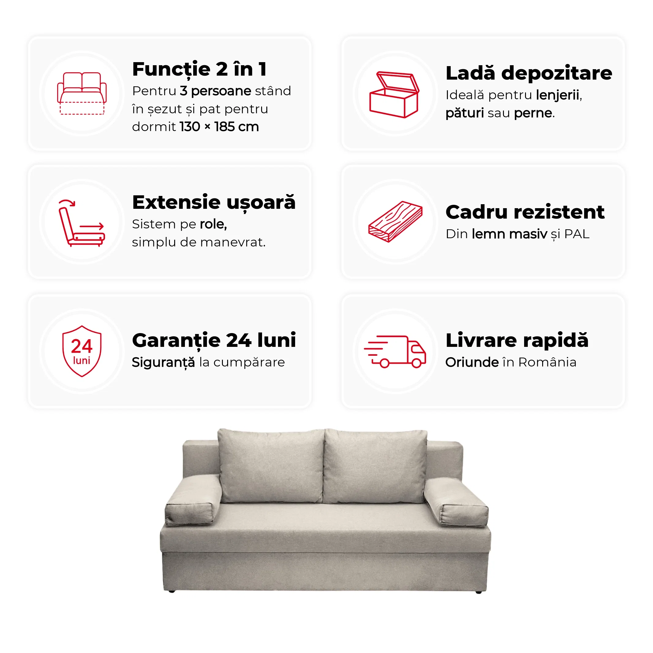 Canapele Clasice - Canapea ANA extensibila, 3 locuri, cu lada depozitare, 185x82x80 cm - ExpoMob