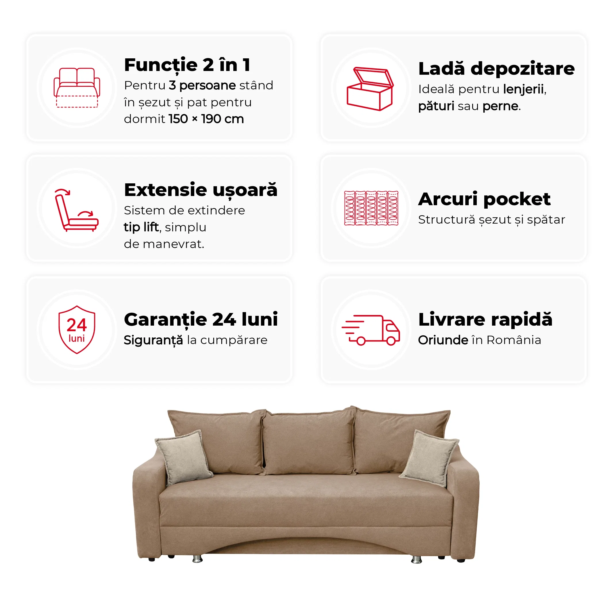 Canapea extensibila SUSIE, 3 locuri, cu arcuri si lada depozitare, 222x105x80 cm - ExpoMob [2]
