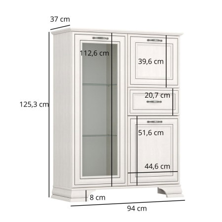 Colectia TIFFANY - Comoda cu vitrina cu 3 usi si 1 sertar TIFFANY II, geam, crem fineline, 94x37x125,3 cm