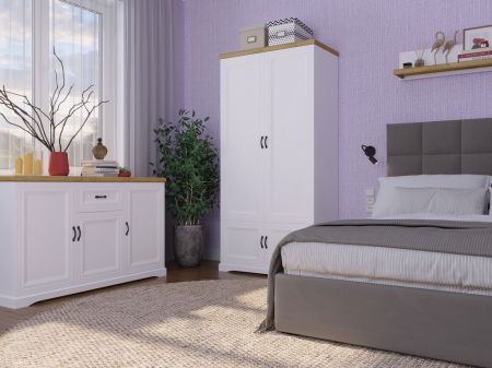 Mobilier Dormitor - Comoda RIVA, 3 usi, 1 sertar, alb + stejar harbor, 153x41x91,3 cm