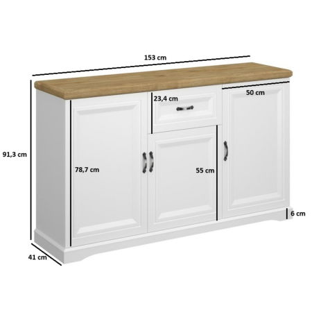 Mobilier Dormitor - Comoda RIVA, 3 usi, 1 sertar, alb + stejar harbor, 153x41x91,3 cm