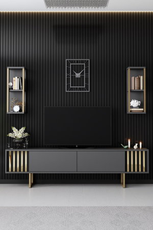 Comode TV - Comoda TV GOLD LINE, cu rafturi de perete, 180x30x48 cm