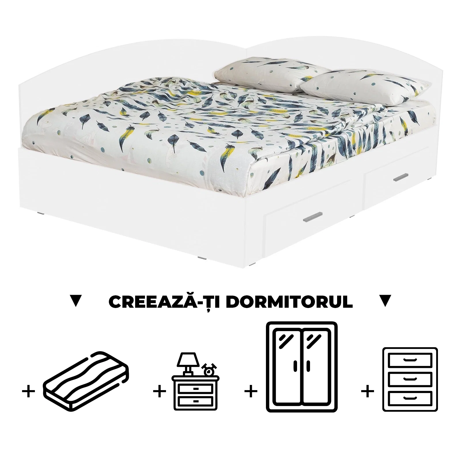 Configurator Dormitor ALMA, alb, de la Pat Colt Alma cu 2 sertare laterale pe role, adauga Saltea, Noptiere, Comoda, Dulap [0]