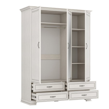 Colectia TIFFANY - Dulap 3 usi si 4 sertare cu oglinda TIFFANY, cu bara haine si rafturi, crem fineline, 159x62,4x212,1 cm