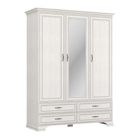 Colectia TIFFANY - Dulap 3 usi si 4 sertare cu oglinda TIFFANY, cu bara haine si rafturi, crem fineline, 159x62,4x212,1 cm