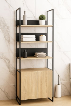 Dulapuri Baie - Dulap baie seria 760, cadru metalic, front MDF, 2 usi, antracit + sonoma, 67x37x190 cm