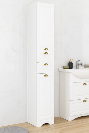 Dulapuri Baie - Dulap baie seria 172, front MDF, 2 usi, 2 sertare, alb rustic, 35x31.6x180 cm