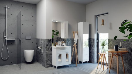 Dulapuri Baie - Dulap baie seria 009, front MDF, oglinda, 1 usa, 3 sertare, alb, 35.8x31.6x180 cm