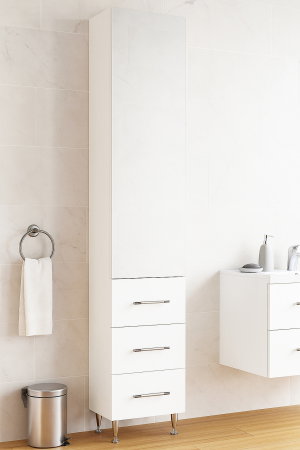 Dulapuri Baie - Dulap baie seria 009, front MDF, oglinda, 1 usa, 3 sertare, alb, 35.8x31.6x180 cm