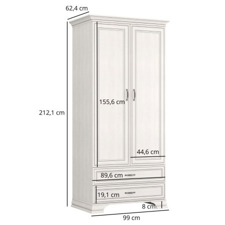 Colectia TIFFANY - Dulap cu 2 usi si 2 sertare TIFFANY II, cu bara haine, crem fineline, 99x62,4x212,1 cm