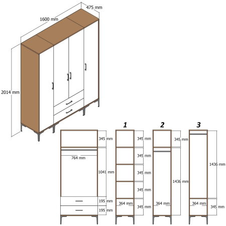 Dulap KUMSAL PTP, 4 usi, 2 sertare, 160x47,5x201,4 cm [5]