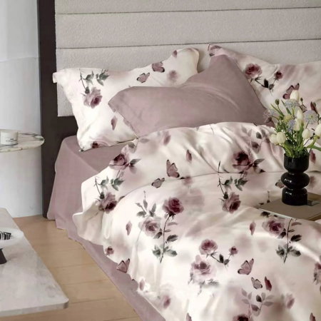 Lenjerii pat - Lenjerie de pat finet 6 piese, cearceaf pat cu elastic, cearceaf pilota 200x230, 2 fete perna 50x70, 2 fete perna 70x70, Extra, Burgundy Blossom, 61