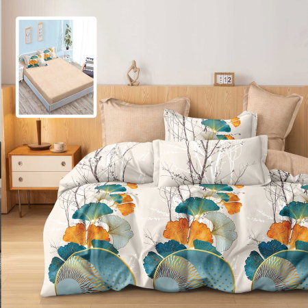 Lenjerii pat - Lenjerie de pat finet 6 piese, cearceaf pat cu elastic, cearceaf pilota 200x230, 2 fete perna 50x70, 2 fete perna 70x70, Extra, Crem-Turcoaz