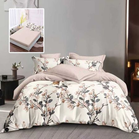 Lenjerii pat - Lenjerie de pat finet 6 piese, cearceaf pat cu elastic, cearceaf pilota 200x230, 2 fete perna 50x70, 2 fete perna 70x70, Extra, Flori Crem