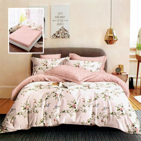 Lenjerii pat - Lenjerie de pat finet 6 piese, cearceaf pat cu elastic, cearceaf pilota 200x230, 2 fete perna 50x70, 2 fete perna 70x70, Extra, Flori roz