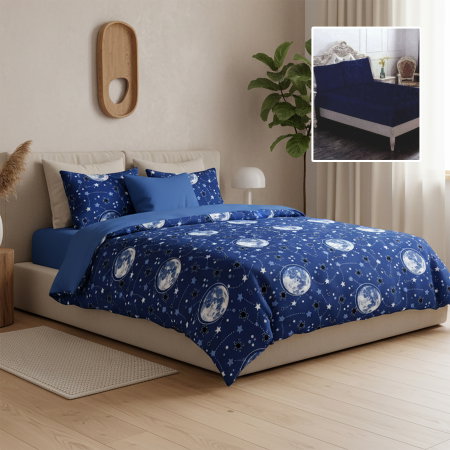 Lenjerii pat - Lenjerie de pat finet 6 piese, cearceaf pat cu elastic, cearceaf pilota 200x230, 2 fete perna 50x70, 2 fete perna 70x70, Extra, Galaxy