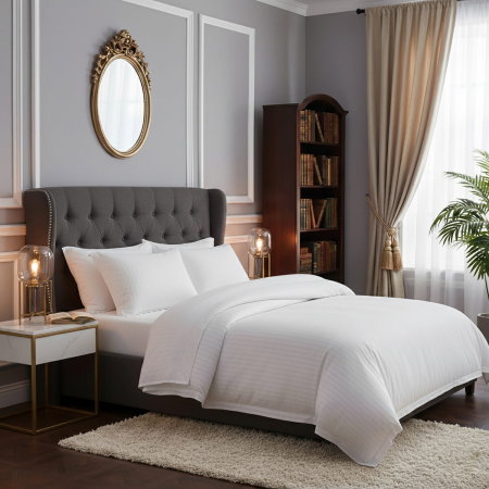 Lenjerii pat - Lenjerie de pat pentru 1 persoana, Bumbac Damasc 100%, 3 piese, Cearceaf pat 160x240, Cearceaf pilota 150x210, Fete de perne 50x70, alb