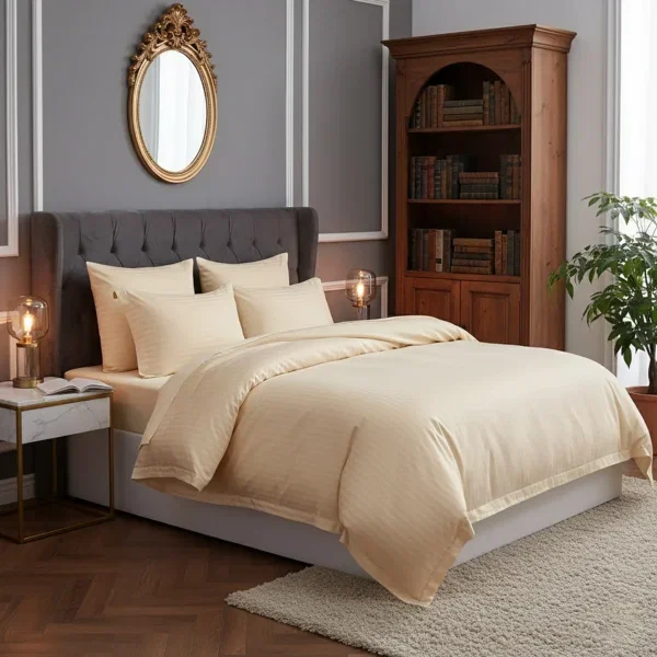 Lenjerii pat - Lenjerie de pat pentru 1 persoana, Bumbac Damasc 100%, 3 piese, Cearceaf pat 160x240, Cearceaf pilota 150x210, Fete de perne 50x70, cappucino