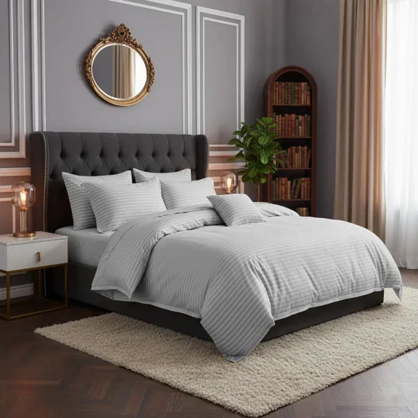 Lenjerii pat - Lenjerie de pat pentru 1 persoana, Bumbac Damasc 100%, 3 piese, Cearceaf pat 160x240, Cearceaf pilota 150x210, Fete de perne 50x70, gri