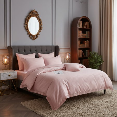 Lenjerii pat - Lenjerie de pat pentru 1 persoana, Bumbac Damasc 100%, 3 piese, Cearceaf pat 160x240, Cearceaf pilota 150x210, Fete de perne 50x70, roz pudra