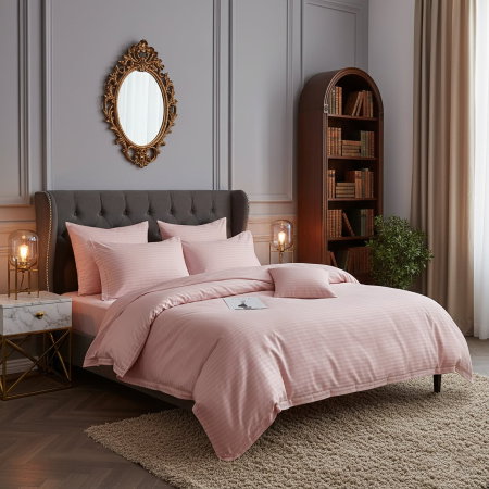 Lenjerii pat - Lenjerie de pat pentru 2 persoane XXL, Bumbac Damasc 100%, 4 piese, Cearceaf pat 240x260, Cearceaf pilota 200x230, Fete de perne 50x70 x 2, roz pudra