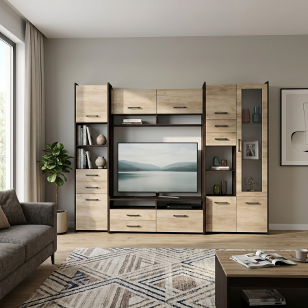 Livinguri Clasice - Living MOKKA II, 3 corpuri, corp PAL maro inchis, fronturi PAL stejar, 232x53x200 cm - ExpoMob