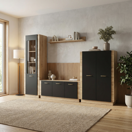 Livinguri Moderne - Living SOFIA Z.A., 4 corpuri, corp artisan, fronturi MDF artisan + negru, 290x39x198 cm - ExpoMob