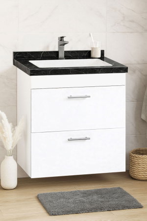 Mobilier Baie - Set Baza si Lavoar seria 867, suspendata, cu sertare, 60 cm, alb + negru