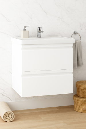 Mobilier Baie - Set Baza front MDF si Lavoar seria 786, suspendata, cu sertare, 60 cm, alb