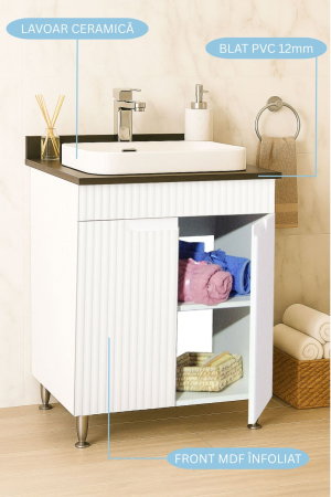 Produs în România - Set Baza front MDF si Lavoar seria 633, montat, 60 cm, alb rustic