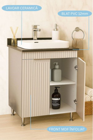 Produs în România - Set Baza front MDF si Lavoar seria 633, montat, 60 cm, crem