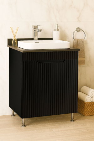 Produs în România - Set Baza front MDF si Lavoar seria 633, montat, 60 cm, negru