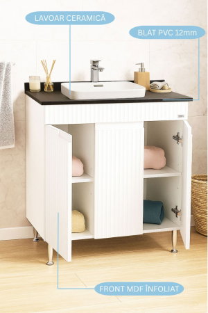 Produs în România - Set Baza front MDF si Lavoar seria 633, montat, 80 cm, alb rustic