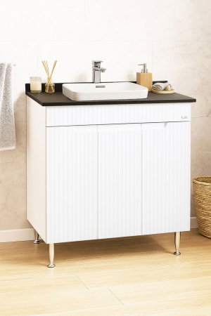 Produs în România - Set Baza front MDF si Lavoar seria 633, montat, 80 cm, alb rustic