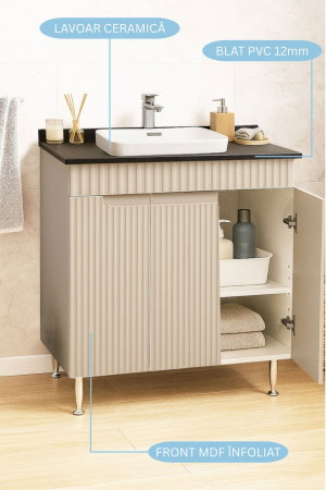 Produs în România - Set Baza front MDF si Lavoar seria 633, montat, 80 cm, crem